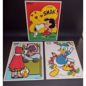 Lot of 3 Vintage Playskool Wooden Puzzles Disney Snoopy Peanuts Red Riding Hood